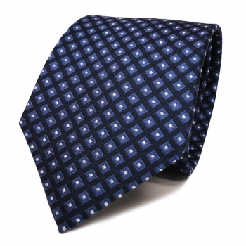 Designer Seidenkrawatte blau royal dunkelblau silber Karo - Krawatte Seide Tie