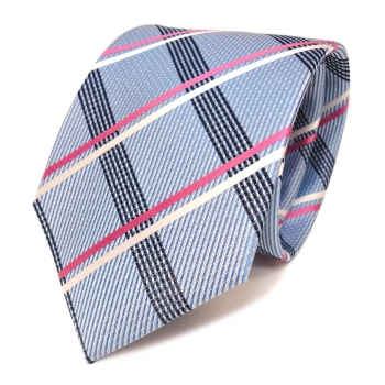 Designer Seidenkrawatte blau hellblau pink weiss silber kariert - Krawatte Seide