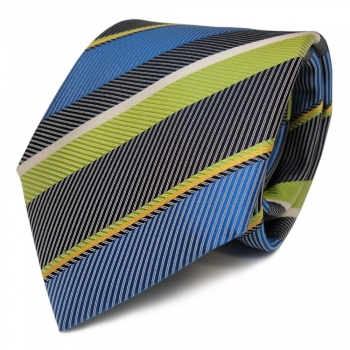 Schicke Seidenkrawatte blau royal grün gelb weiss gestreift - Krawatte Seide Tie