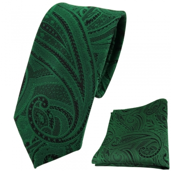 schmale TigerTie Krawatte + Einstecktuch grün smaragdgrün schwarz Paisley