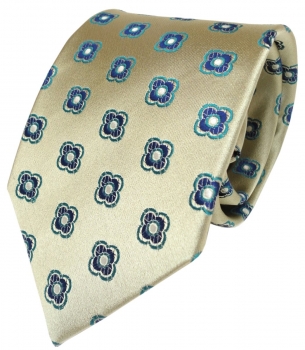 feine Designer Krawatte in gold mit blau türkisem Blumenmuster 100% Seide