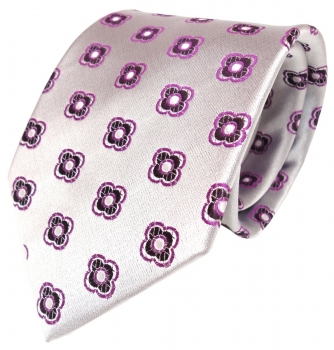 feine Designer Krawatte in silber mit lila violettem Blumenmuster 100% Seide