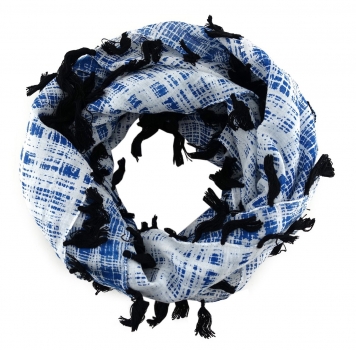 Halstuch in blau weissgrau schwarz gemustert mit Fransen - Tuch Gr. 100 x 100 cm