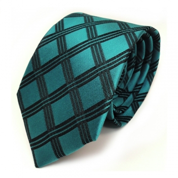 Elegante Seidenkrawatte türkis schwarz kariert - Krawatte 100 % Seide