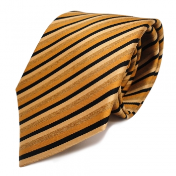 Schicke Seidenkrawatte gold beige schwarz gestreift - Krawatte 100 % Seide